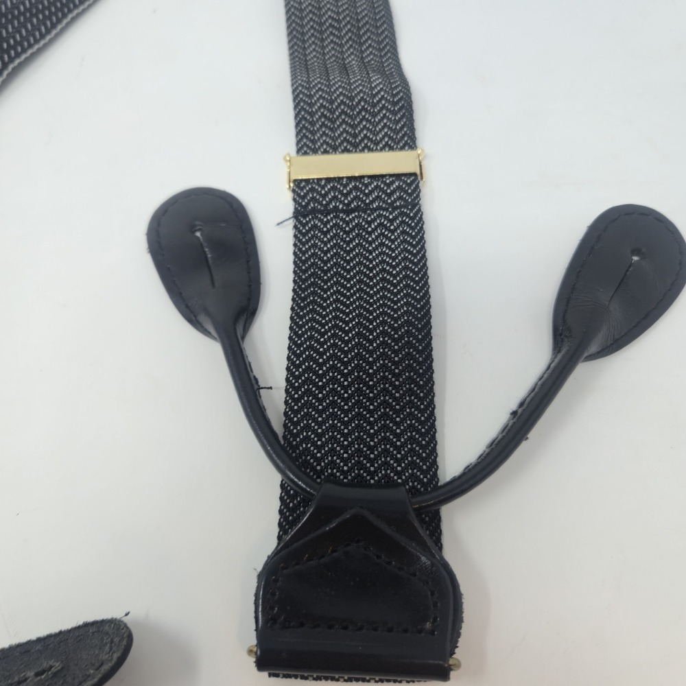 Men's Herringbone Button-On Suspenders Braces Black White Y-Back Leather Ends - Picture 9 of 13